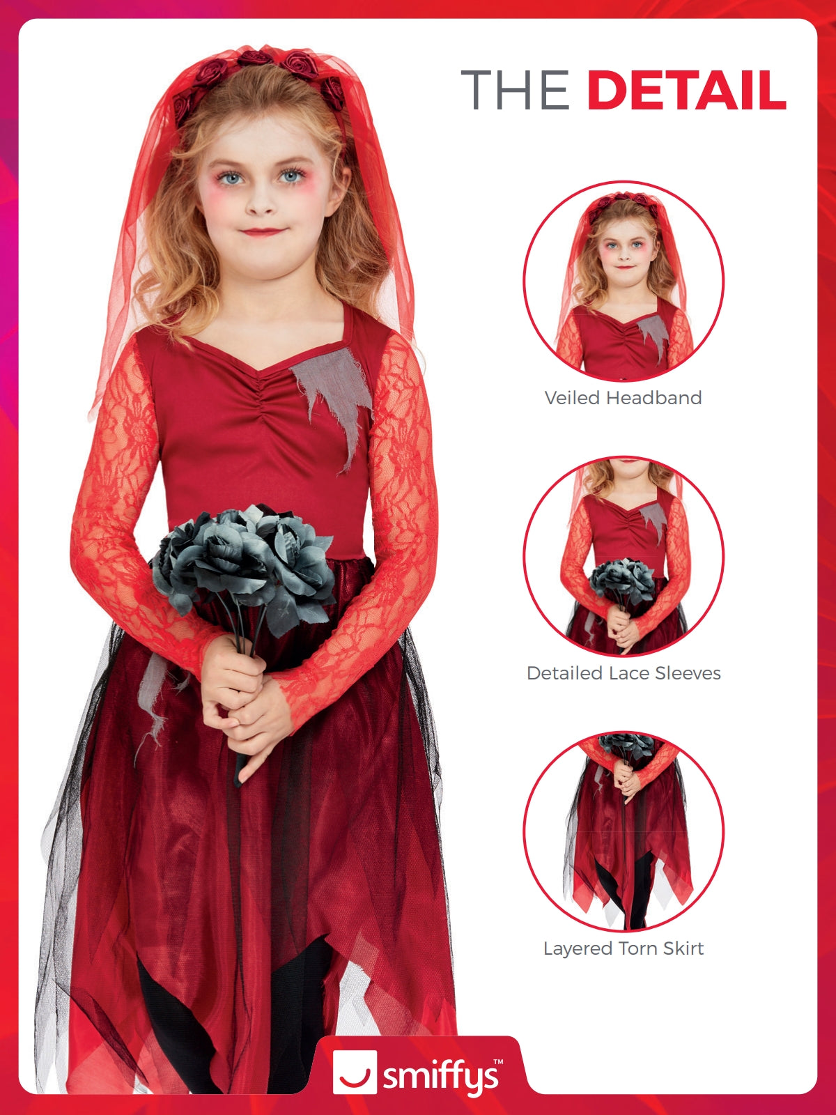 Girls Red Graveyard Bride Costume 3