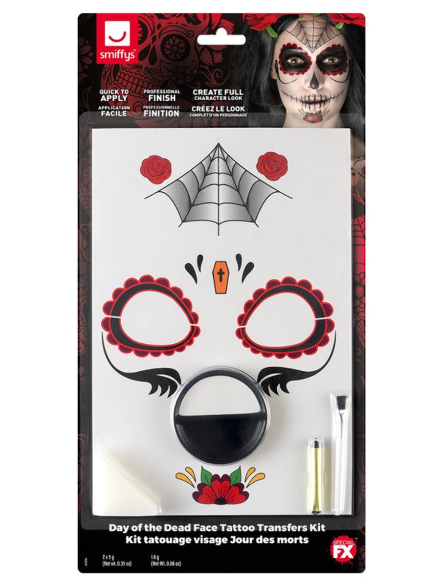 Day of the Dead Face Tattoo Transfers Kit, Red & Black | Smiffys