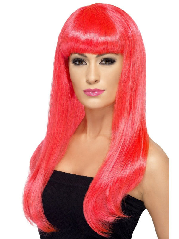 Babelicious Wig, Neon Pink, Long, Straight with Fringe