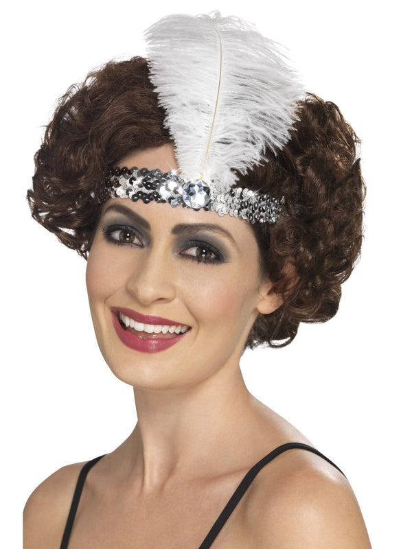 Flapper Headband, Silver, with Feather